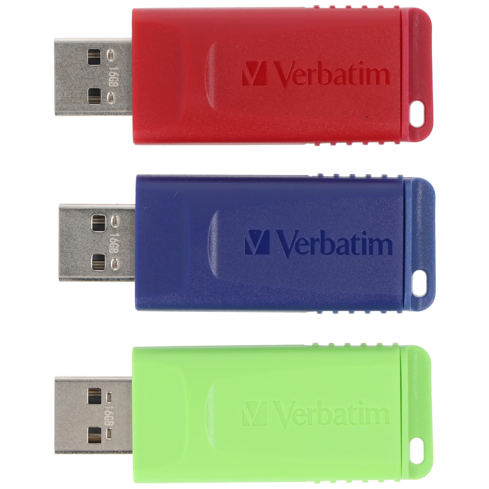 Verbatim Clé USB 2.0 16 Go, Curseur, Rouge-Bleu-Vert, Multipack (R) 10 Mo/s, (W) 4 Mo/s, Retail-Blister (3-Pack)