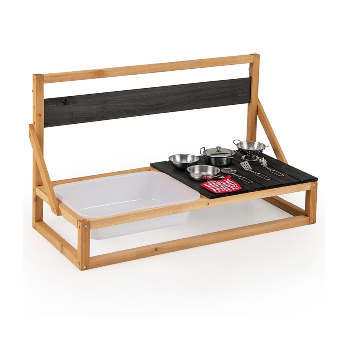 CostwayCuisine de Jeu Murale/de Table en Bois de Sapin avec Crochets de Suspension Tableau Noir Evier Accessoires Chiffon pour 3+ ans Naturel