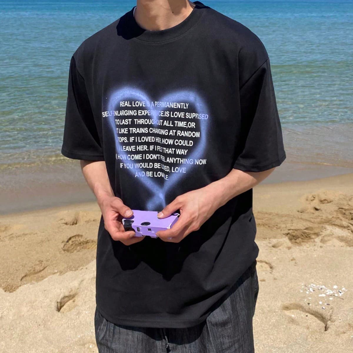 T-shirt à manches courtes dété pour hommes avec impression de cœur et slogan damour